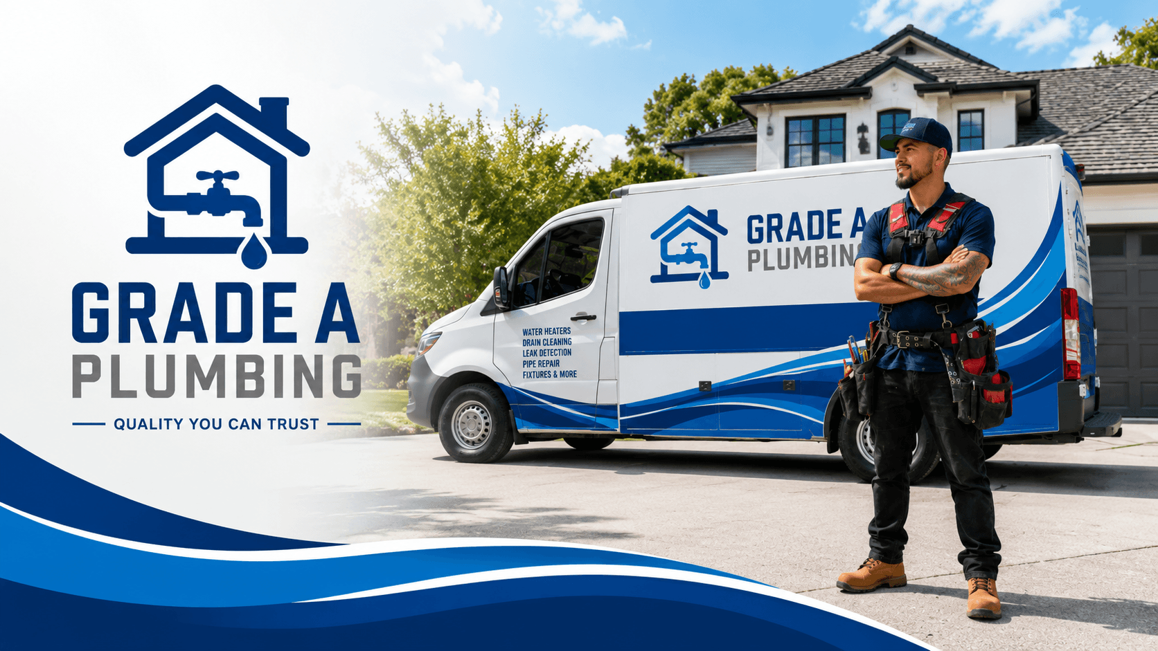 Grade A Plumbing branded van and plumber outside a home