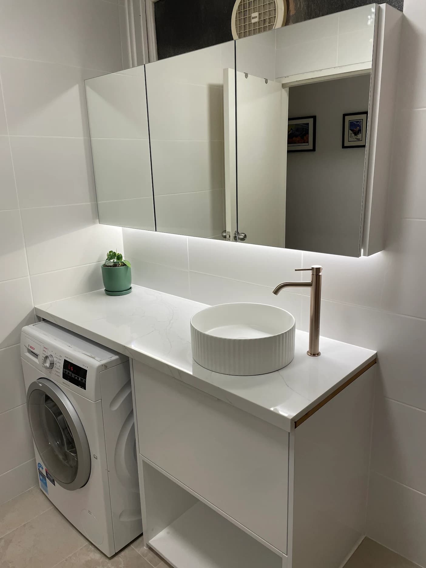 Bathroom vanity with round basin, tall mixer tap, mirrored cabinet, and washing machine space